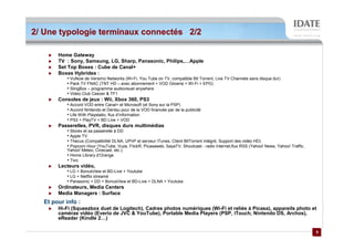 2/ Une typologie terminaux connectés 2/2

       Home Gateway
       TV : Sony, Samsung, LG, Sharp, Panasonic, Philips,…Apple
       Set Top Boxes : Cube de Canal+
       Boxes Hybrides :
           • VuNow de Verismo Networks (Wi-Fi, You Tube on TV, compatible Bit Torrent, Live TV Channels sans disque dur)
           • Pack TV FNAC (TNT HD – avec abonnement + VOD Glowria + Wi-Fi + EPG)
           • SlingBox – programme audiovisuel anywhere
           • Video Club Ceezer & TF1
       Consoles de jeux : Wii, Xbox 360, PS3
           • Accord VOD entre Canal+ et Microsoft (et Sony sur la PSP)
           • Accord Nintendo et Dentsu pour de la VOD financée par de la publicité
           • Life With Playstatio, flux d’information
           • PS3 + PlayTV + BD Live + VOD
       Passerelles, PVR, disques durs multimédias
           • Storex et sa passerelle à DD
           • Apple TV
           • Thecus (Compatibilité DLNA, UPnP et serveur iTunes, Client BitTorrent intégré, Support des vidéo HD)
           • Popcorn Hour (YouTube, Vuze, FlickR, Picasaweb, SayaTV, Shoutcast - radio Internet,flux RSS (Yahoo! News, Yahoo! Traffic,
           Yahoo! Meteo, Cinecast, etc.).
          • Home Library d’Orange
          • Tivo
       Lecteurs vidéo,
          • LG + BonusView et BD-Live + Youtube
          • LG + Netflix streamé
          • Panasonic + DD + BonusView et BD-Live + DLNA + Youtube
       Ordinateurs, Media Centers
       Media Managers : Surface
  Et pour info :
       Hi-Fi (Squeezbox duet de Logitech), Cadres photos numériques (Wi-Fi et reliés à Picasa), appareils photo et
       caméras vidéo (Everio de JVC & YouTube), Portable Media Players (PSP, iTouch, Nintendo DS, Archos),
       eReader (Kindle 2…)

                                                                                                                                         5
                                                                                                                                         5
 