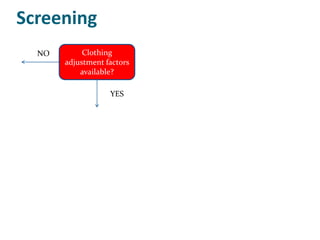 Screening
  NO        Clothing
       adjustment factors
           available?

                   YES
 