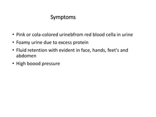 Symptoms
• Pink or cola-colored urinebfrom red blood cella in urine
• Foamy urine due to excess protein
• Fluid retention with evident in face, hands, feet's and
abdomen
• High boood pressure
 