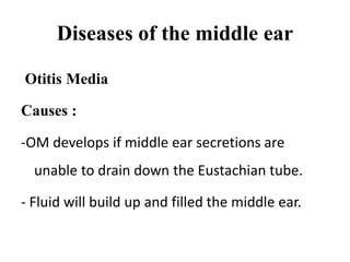 Diseases of the middle ear
Otitis Media
Causes :
-OM develops if middle ear secretions are
unable to drain down the Eustachian tube.
- Fluid will build up and filled the middle ear.
 