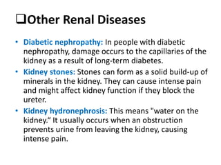 Other Renal Diseases
• Diabetic nephropathy: In people with diabetic
nephropathy, damage occurs to the capillaries of the
kidney as a result of long-term diabetes.
• Kidney stones: Stones can form as a solid build-up of
minerals in the kidney. They can cause intense pain
and might affect kidney function if they block the
ureter.
• Kidney hydronephrosis: This means "water on the
kidney.“ It usually occurs when an obstruction
prevents urine from leaving the kidney, causing
intense pain.
 