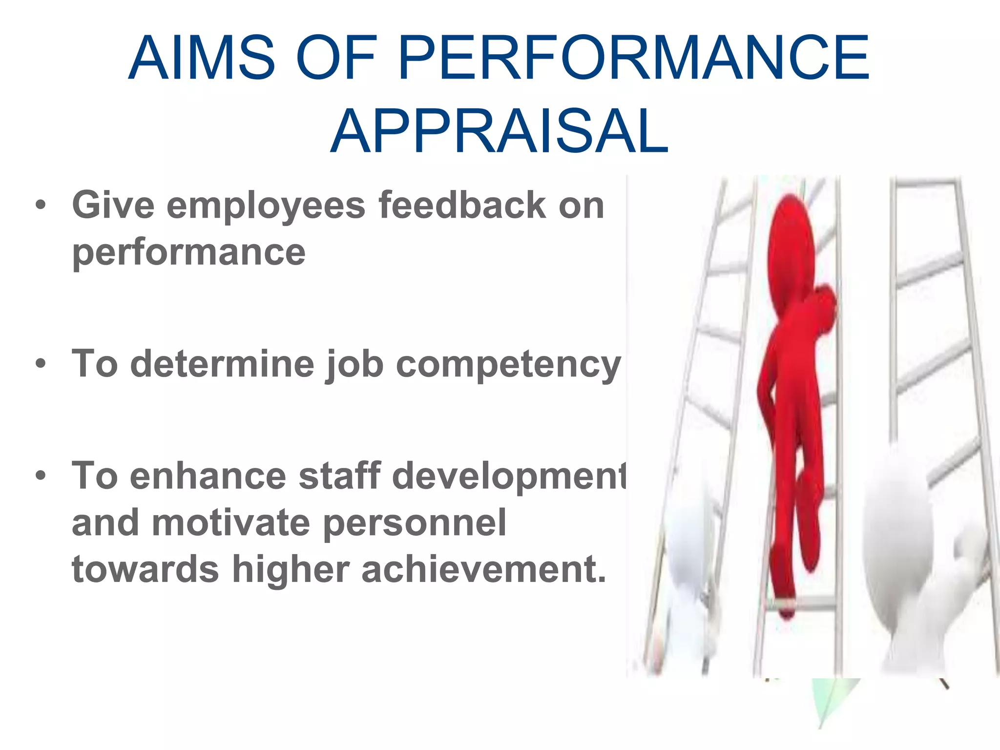 AIMS OF PERFORMANCE
APPRAISAL
• Give employees feedback on
performance
• To determine job competency
• To enhance staff development
and motivate personnel
towards higher achievement.
 