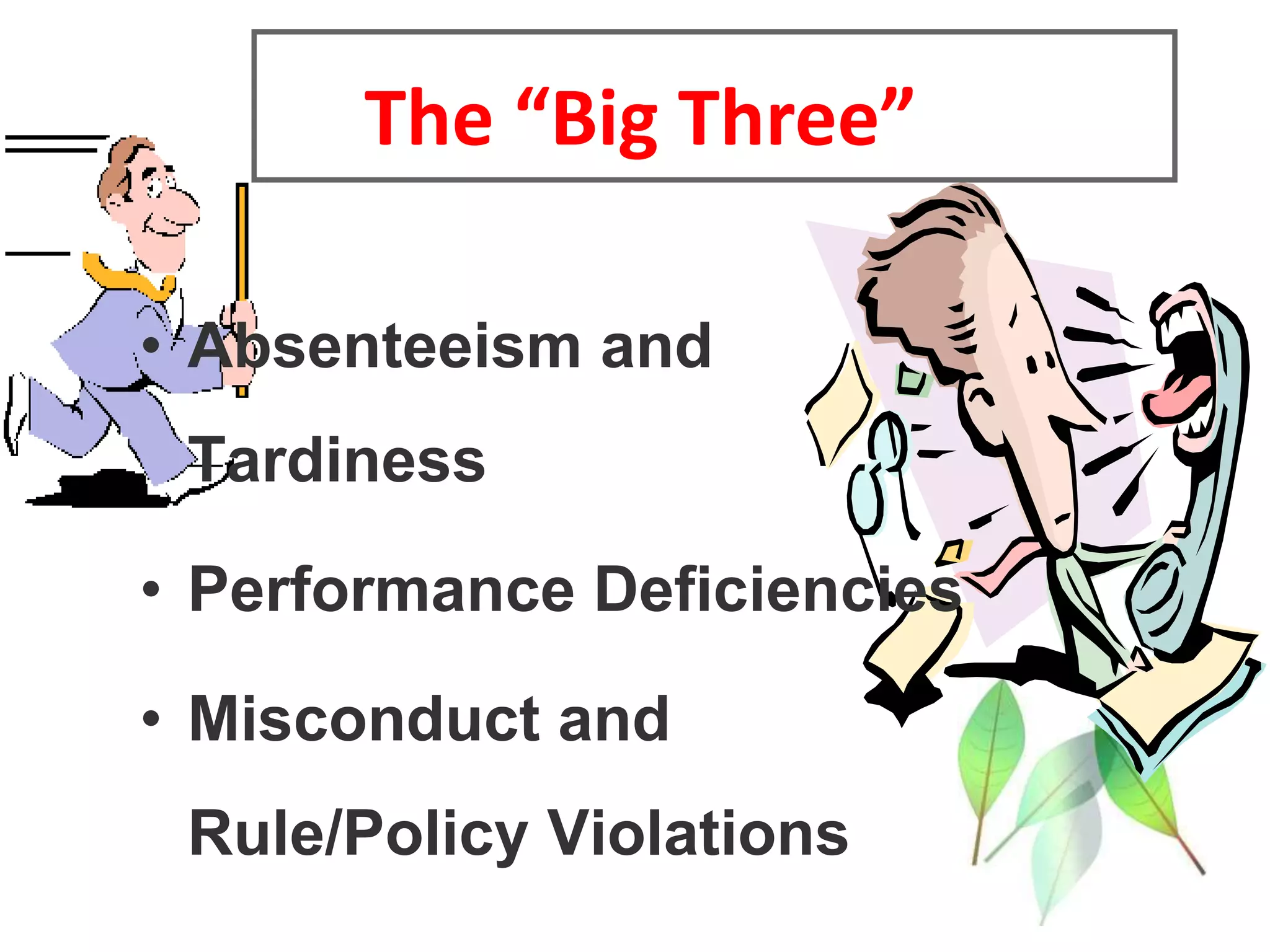 The “Big Three”
• Absenteeism and
Tardiness
• Performance Deficiencies
• Misconduct and
Rule/Policy Violations
 