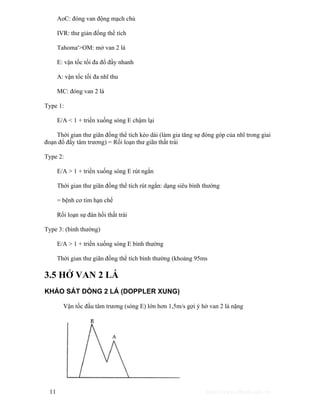 AoC: đóng van động mạch chủ 
IVR: thư giản đồng thể tích 
Tahoma'>OM: mở van 2 lá 
E: vận tốc tối đa đổ đầy nhanh 
A: vận tốc tối đa nhĩ thu 
MC: đóng van 2 lá 
Type 1: 
E/A < 1 + triền xuống sóng E chậm lại 
Thời gian thư giãn đồng thể tích kéo dài (làm gia tăng sự đóng góp của nhĩ trong giai 
đoạn đổ đầy tâm trương) = Rối loạn thư giãn thất trái 
Type 2: 
E/A > 1 + triền xuống sóng E rút ngắn 
Thời gian thư giãn đồng thể tích rút ngắn: dạng siêu bình thường 
= bệnh cơ tim hạn chế 
Rối loạn sự đàn hồi thất trái 
Type 3: (bình thường) 
E/A > 1 + triền xuống sóng E bình thường 
Thời gian thư giãn đồng thể tích bình thường (khoảng 95ms 
3.5 HỞ VAN 2 LÁ 
KHẢO SÁT DÒNG 2 LÁ (DOPPLER XUNG) 
Vận tốc đầu tâm trương (sóng E) lớn hơn 1,5m/s gợi ý hở van 2 lá nặng 
11 http://www.ebook.edu.vn 
 