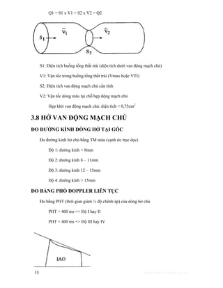 Q1 = S1 x V1 = S2 x V2 = Q2 
S1: Diện tích buồng tống thất trái (diện tích dưới van động mạch chủ) 
V1: Vận tốc trong buồng tống thất trái (Vmax hoặc VTI) 
S2: Diện tích van động mạch chủ cần tính 
V2: Vận tốc dòng máu tại chỗ hẹp động mạch chủ 
Hẹp khít van động mạch chủ: diện tích < 0,75cm2 
3.8 HỞ VAN ĐỘNG MẠCH CHỦ 
ĐO ĐƯỜNG KÍNH DÒNG HỞ TẠI GỐC 
Đo đường kính hở chủ bằng TM màu (cạnh ức trục dọc) 
Độ 1: đường kính < 8mm 
Độ 2: đường kính 8 – 11mm 
Độ 3: đường kính 12 – 15mm 
Độ 4: đường kính > 15mm 
ĐO BẰNG PHỔ DOPPLER LIÊN TỤC 
Đo bằng PHT (thời gian giảm ½ độ chênh áp) của dòng hở chủ 
PHT > 400 ms => Độ I hay II 
PHT < 400 ms => Độ III hay IV 
15 http://www.ebook.edu.vn 
 
