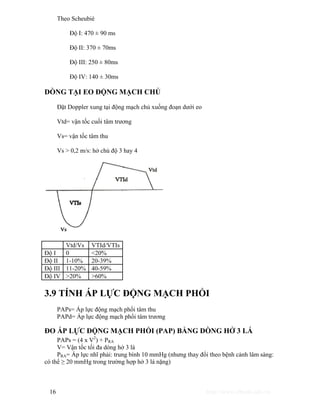 Theo Scheubié 
Độ I: 470 ± 90 ms 
Độ II: 370 ± 70ms 
Độ III: 250 ± 80ms 
Độ IV: 140 ± 30ms 
DÒNG TẠI EO ĐỘNG MẠCH CHỦ 
Đặt Doppler xung tại động mạch chủ xuống đoạn dưới eo 
Vtd= vận tốc cuối tâm trương 
Vs= vận tốc tâm thu 
Vs > 0,2 m/s: hở chủ độ 3 hay 4 
Vtd/Vs VTId/VTIs 
Độ I 0 <20% 
Độ II 1-10% 20-39% 
Độ III 11-20% 40-59% 
Độ IV >20% >60% 
3.9 TÍNH ÁP LỰC ĐỘNG MẠCH PHỔI 
PAPs= Áp lực động mạch phổi tâm thu 
PAPd= Áp lực động mạch phổi tâm trương 
ĐO ÁP LỰC ĐỘNG MẠCH PHỔI (PAP) BẰNG DÒNG HỞ 3 LÁ 
PAPs = (4 x V2) + PRA 
V= Vận tốc tối đa dòng hở 3 lá 
PRA= Áp lực nhĩ phải: trung bình 10 mmHg (nhưng thay đổi theo bệnh cảnh lâm sàng: 
có thể ≥ 20 mmHg trong trường hợp hở 3 lá nặng) 
16 http://www.ebook.edu.vn 
 