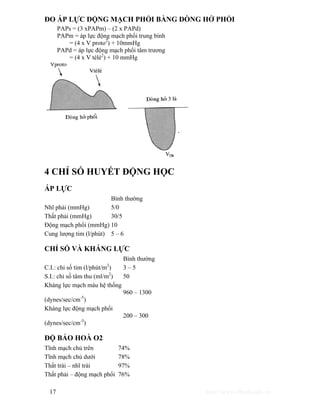 ĐO ÁP LỰC ĐỘNG MẠCH PHỔI BẰNG DÒNG HỞ PHỔI 
PAPs = (3 xPAPm) – (2 x PAPd) 
PAPm = áp lực động mạch phổi trung bình 
= (4 x V proto2) + 10mmHg 
PAPd = áp lực động mạch phổi tâm trương 
= (4 x V télé2) + 10 mmHg 
4 CHỈ SỐ HUYẾT ĐỘNG HỌC 
ÁP LỰC 
Bình thường 
Nhĩ phải (mmHg) 5/0 
Thất phải (mmHg) 30/5 
Động mạch phổi (mmHg) 10 
Cung lượng tim (l/phút) 5 – 6 
CHỈ SỐ VÀ KHÁNG LỰC 
Bình thường 
C.I.: chỉ số tim (l/phút/m2) 3 – 5 
S.I.: chỉ số tâm thu (ml/m2) 50 
Kháng lực mạch máu hệ thống 
(dynes/sec/cm-5) 
960 – 1300 
Kháng lực động mạch phổi 
(dynes/sec/cm-5) 
200 – 300 
ĐỘ BẢO HOÀ O2 
Tĩnh mạch chủ trên 74% 
Tĩnh mạch chủ dưới 78% 
Thất trái – nhĩ trái 97% 
Thất phải – động mạch phổi 76% 
17 http://www.ebook.edu.vn 
 