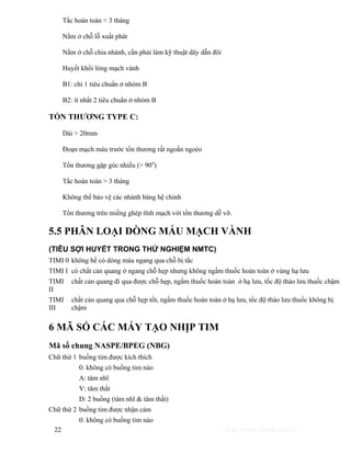 Tắc hoàn toàn < 3 tháng 
Nằm ở chỗ lỗ xuất phát 
Nằm ở chỗ chia nhánh, cần phải làm kỹ thuật dây dẫn đôi 
Huyết khối lòng mạch vành 
B1: chỉ 1 tiêu chuẩn ở nhóm B 
B2: ít nhất 2 tiêu chuẩn ở nhóm B 
TỔN THƯƠNG TYPE C: 
Dài > 20mm 
Đoạn mạch máu trước tổn thương rất ngoằn ngoèo 
Tổn thương gập góc nhiều (> 90o) 
Tắc hoàn toàn > 3 tháng 
Không thể bảo vệ các nhánh bàng hệ chính 
Tổn thương trên miếng ghép tĩnh mạch với tổn thương dễ vỡ. 
5.5 PHÂN LOẠI DÒNG MÁU MẠCH VÀNH 
(TIÊU SỢI HUYẾT TRONG THỬ NGHIỆM NMTC) 
TIMI 0 không hề có dòng máu ngang qua chỗ bị tắc 
TIMI I có chất cản quang ở ngang chỗ hẹp nhưng không ngấm thuốc hoàn toàn ở vùng hạ lưu 
TIMI 
II 
chất cản quang đi qua được chỗ hẹp, ngấm thuốc hoàn toàn ở hạ lưu, tốc độ tháo lưu thuốc chậm 
TIMI 
III 
chất cản quang qua chỗ hẹp tốt, ngấm thuốc hoàn toàn ở hạ lưu, tốc độ tháo lưu thuốc không bị 
chậm 
6 MÃ SỐ CÁC MÁY TẠO NHỊP TIM 
Mã số chung NASPE/BPEG (NBG) 
Chữ thứ 1 buồng tim được kích thích 
0: không có buồng tim nào 
A: tâm nhĩ 
V: tâm thất 
D: 2 buồng (tâm nhĩ & tâm thất) 
Chữ thứ 2 buồng tim được nhận cảm 
0: không có buồng tim nào 
22 http://www.ebook.edu.vn 
 