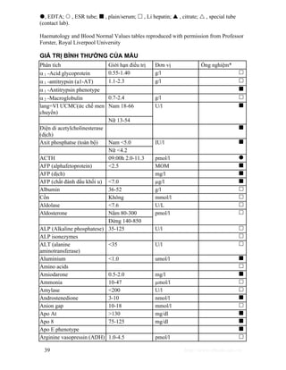 z, EDTA; { , ESR tube; „ , plain/serum; … , Li hepatin; S , citrate; U , special tube 
(contact lab). 
Haematology and Blood Normal Values tables reproduced with permission from Professor 
Forster, Royal Liverpool University 
GIÁ TRỊ BÌNH THƯỜNG CỦA MÁU 
Phân tích Giới hạn điều trị Đơn vị Ống nghiệm* 
α 1 -Acid glycoprotein 0.55-1.40 g/l … 
α 1 -antitrypsin (a1-AT) 1.1-2.3 g/l … 
α 1 -Antitrypsin phenotype „ 
α 2 -Macroglobulin 0.7-2.4 g/l … 
lang=VI ƯCMC(ức chế men 
chuyển) 
Nam 18-66 
Nữ 13-54 
U/l „ 
Điện di acetylcholinesterase 
(dịch) 
„ 
Axit phosphatse (toàn bộ) Nam <5.0 
Nữ <4.2 
IU/l „ 
ACTH 09:00h 2.0-11.3 pmol/l z 
AFP (alphafetoprotein) <2.5 MOM „ 
AFP (dịch) mg/l „ 
AFP (chất đánh dấu khối u) <7.0 μg/l „ 
Albumin 36-52 g/l … 
Cồn Không mmol/l … 
Aldolase <7.6 U/L … 
Aldosterone Nằm 80-300 
Đứng 140-850 
pmol/l … 
ALP (Alkaline phosphatese) 35-125 U/l … 
ALP isonezymes … 
ALT (alanine 
<35 U/l … 
aminotransferase) 
Aluminium <1.0 umol/l „ 
Amino acids … 
Amiodarone 0.5-2.0 mg/l „ 
Ammonia 10-47 μmol/l … 
Amylase <200 U/l … 
Androstenedione 3-10 nmol/l „ 
Anion gap 10-18 mmol/l … 
Apo At >130 mg/dl „ 
Apo 8 75-125 mg/dl „ 
Apo E phenotype „ 
Arginine vasopressin (ADH) 1.0-4.5 pmol/l … 
39 http://www.ebook.edu.vn 
 