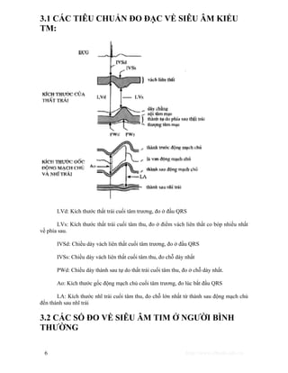 3.1 CÁC TIÊU CHUẨN ĐO ĐẠC VỀ SIÊU ÂM KIỂU 
TM: 
LVd: Kích thước thất trái cuối tâm trương, đo ở đầu QRS 
LVs: Kích thước thất trái cuối tâm thu, đo ở điểm vách liên thất co bóp nhiều nhất 
về phía sau. 
IVSd: Chiều dày vách liên thất cuối tâm trương, đo ở đầu QRS 
IVSs: Chiều dày vách liên thất cuối tâm thu, đo chỗ dày nhất 
PWd: Chiều dày thành sau tự do thất trái cuối tâm thu, đo ở chỗ dày nhất. 
Ao: Kích thước gốc động mạch chủ cuối tâm trương, đo lúc bắt đầu QRS 
LA: Kích thước nhĩ trái cuối tâm thu, đo chỗ lớn nhất từ thành sau động mạch chủ 
đến thành sau nhĩ trái 
3.2 CÁC SỐ ĐO VỀ SIÊU ÂM TIM Ở NGƯỜI BÌNH 
THƯỜNG 
6 http://www.ebook.edu.vn 
 