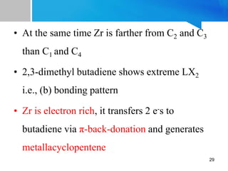 • At the same time Zr is farther from C2 and C3
than C1 and C4
• 2,3-dimethyl butadiene shows extreme LX2
i.e., (b) bonding pattern
• Zr is electron rich, it transfers 2 e-s to
butadiene via π-back-donation and generates
metallacyclopentene
29
 