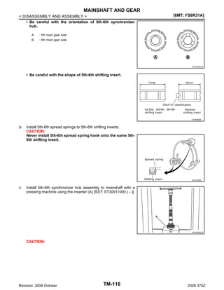 MAINSHAFT AND GEAR
< DISASSEMBLY AND ASSEMBLY >
• Be careful with the orientation of 5th-6th synchronizer
hub.
A

: 5th main gear side

B

[6MT: FS6R31A]

: 6th main gear side

JPDIC0554ZZ

• Be careful with the shape of 5th-6th shifting insert.

PCIB0608E

b.

Install 5th-6th spread springs to 5th-6th shifting inserts.
CAUTION:
Never install 5th-6th spread spring hook onto the same 5th6th shifting insert.

SCIA1600E

c.

Install 5th-6th synchronizer hub assembly to mainshaft with a
pressing machine using the inserter (A) [SST: ST30911000 ( - )].

JPDIC0645ZZ

CAUTION:

Revision: 2008 October

TM-116

2009 370Z

 