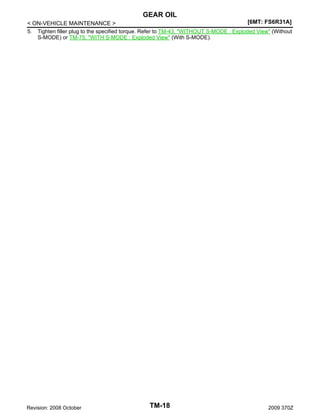 GEAR OIL
[6MT: FS6R31A]
< ON-VEHICLE MAINTENANCE >
5. Tighten filler plug to the specified torque. Refer to TM-43, "WITHOUT S-MODE : Exploded View" (Without
S-MODE) or TM-75, "WITH S-MODE : Exploded View" (With S-MODE).

Revision: 2008 October

TM-18

2009 370Z

 