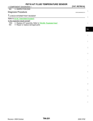 P0710 A/T FLUID TEMPERATURE SENSOR
[7AT: RE7R01A]

< COMPONENT DIAGNOSIS >
NO
>> INSPECTION END

A

Diagnosis Procedure

INFOID:0000000004451151

1.CHECK INTERMITTENT INCIDENT

B

Refer to GI-39, "Intermittent Incident".
Is the inspection result normal?
YES >> Replace A/T assembly. Refer to TM-298, "Exploded View".
NO
>> Repair or replace damaged parts.

C

TM

E

F

G

H

I

J

K

L

M

N

O

P

Revision: 2008 October

TM-201

2009 370Z

 