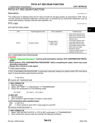P0733 A/T 3RD GEAR FUNCTION
[7AT: RE7R01A]

< COMPONENT DIAGNOSIS >

P0733 A/T 3RD GEAR FUNCTION

A

Description

INFOID:0000000004451173

This malfunction is detected when the A/T does not shift into 3rd gear position as instructed by TCM. This is
not only caused by electrical malfunction (circuits open or shorted) but by mechanical malfunction such as
control valve sticking, improper solenoid valve operation, etc.

B

DTC Logic

C

INFOID:0000000004451174

DTC DETECTION LOGIC
TM
DTC

P0733

Trouble diagnosis name

3rd gear function

DTC is detected if...

The gear ratio is:
• 2.166 or more
• 1.927 or less

Possible cause
• Input clutch solenoid valve
• Direct clutch solenoid valve
• High and low reverse clutch
solenoid valve
• Front brake solenoid valve
• Low brake solenoid valve
• 2346 brake solenoid valve
• Anti-interlock solenoid valve
• Each clutch and brake
• Revolution sensor
• Turbine revolution sensor 1, 2
• Hydraulic control circuit

CAUTION:
• “TM-216, "Diagnosis Procedure"” must be performed before starting “DTC CONFIRMATION PROCEDURE”.
• Never perform “DTC CONFIRMATION PROCEDURE” before completing the repair, which may cause
secondary malfunction.
• Always drive vehicle at a safe speed.

1.PRECONDITIONING
If “DTC CONFIRMATION PROCEDURE” is previously conducted, always turn ignition switch OFF and wait at
least 10 seconds before performing the next test.
>> GO TO 2.

With CONSULT-III
Start the engine.
Select “ATF TEMP 1” in “Data Monitor” in T“RANSMISSION”.
Check ATF temperature is in the following range.

J

K

N

: 20°C (68°F) – 140°C (284°F)

O

P

3.CHECK SYMPTOM (PART 1)
With CONSULT-III
Select “3RD GR FNCTN P0733” in “DTC & SRT confirmation” in T“RANSMISSION”.
Drive vehicle with manual mode and maintain the following conditions.

Revision: 2008 October

I

M

With GST
1. Start the engine.
2. Drive vehicle for approximately 5 minutes in urban areas.
Is ATF temperature within specified range?
YES >> GO TO 3.
NO
>> Drive vehicle to warm ATF or stop engine to cool ATF.

1.
2.

G

L

2.CHECK ATF TEMPERATURE

ATF TEMP 1

F

H

DTC CONFIRMATION PROCEDURE

1.
2.
3.

E

TM-215

2009 370Z

 