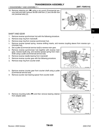 TRANSMISSION ASSEMBLY
[6MT: FS6R31A]

< DISASSEMBLY AND ASSEMBLY >
19. Remove retaining pin ( ) using a pin punch [Commercial service tool] and then remove 5th-6th shift fork (1) and 5th-6th fork
rod (reversal side) (2).

A

B

C

JPDIC0520ZZ

TM

SHAFT AND GEAR
1.
a.
b.
c.
d.
e.

2.
3.
a.

Remove reverse synchronizer hub with the following procedure.
Remove snap ring from mainshaft.
Remove snap ring from reverse synchronizer hub.
Remove reverse spread spring, reverse shifting inserts, and reverse coupling sleeve from reverse synchronizer hub.
Set a puller [Commercial service tool] to reverse main gear.
Remove reverse synchronizer hub together with reverse main
gear, reverse baulk ring, and reverse spread spring from mainshaft using a puller [Commercial service tool].
Remove reverse needle bearing from mainshaft.
Remove reverse counter gear with the following procedure.
Remove snap ring from counter shaft.

E

F

G

H

I
SCIA1683E

b.
4.

J

Remove reverse counter gear from counter shaft using a puller
[Commercial service tool].
Remove counter rear bearing spacer from counter shaft.

K

L

M
SCIA1682E

5.

Remove mounting bolts (
from adapter plate.

) and then remove bearing retainer

N

O

P

PCIB1238E

Revision: 2008 October

TM-89

2009 370Z

 