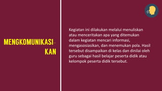 Kegiatan ini dilakukan melalui menuliskan
atau menceritakan apa yang ditemukan
dalam kegiatan mencari informasi,
mengasosiasikan, dan menemukan pola. Hasil
tersebut disampaikan di kelas dan dinilai oleh
guru sebagai hasil belajar peserta didik atau
kelompok peserta didik tersebut.
 