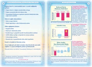 Maharishi’nİn Transandantal Medİtasyon Yöntemİ—Eşsİz ve Benzersİz
10 11
Sağlik Alanindakİ Yararlar
A Hastalarının reçetelerine Transandantal Meditasyon’u yazan A.B.D.’nin önde
gelen doktorlarına soru sormak isterseniz
www.doctorsontm.org
sayfasını ziyaret ediniz. Bu sayfa Amerika’nın Transandantal Meditasyon Uygu-
layan Psikiyatri Uzmanları Derneği tarafından desteklenmektedir.
Doğum öncesi ve sonrasındaki anne ve çocuk sağlığında
gelişme:
•	 Doğum öncesi ve doğum sırasında daha az kaygı
•	 Doğum sonrasında daha hızlı taburcu olma
•	 Transandantal Meditasyon uygulayan annelerin bebeklerinde daha
yoğun sessiz uyanıklık
Daha iyi sağlık alışkanlıkları:
•	 Daha az sigara tüketimi
•	 Madde bağımlılığı ve alkol kullanımında azalma
Zihin sağlığında iyileşme:
•	 Kaygıda azalma
•	 Depresyon vakalarında azalma
•	 Kandaki kaygı ve gerginlik kaynaklı biyokimyasalların azalması
•	 ADHD (dikkat zayıflığı ve hiperaktivite sorunu) azalması
•	 Uykusuzluğun azalması
•	 Huzurda artış ve gerginliklerden daha çabuk toparlanma
Enerji ve kendini iyi hissetme artışı.
Strese bağlı pek çok türde sorunları olan bireylerde aynı anda
sağlıkta ve yaşam niteliğinde gelişme görülmektedir.
Dünyada binlerce tıp doktoÅru Transandantal Meditasyon’u önermektedir.
P1
R5
Bedensel Derin
Dinlenme Belirtileri
TRANSANDANTAL MEDİTASYON SIRASINDA
Solunum
Hızı
Plazma
Laktat
Derinin Temel
İletkenliği
UygulamaSırasındakiDeğişim
Gözlerkapalıkontrolgrubuyla
kıyaslama(standartfarklar)
R5
p < .05p < .05 p < .01
-.3
-.2
-.1
0
-.4
-.5
-.6
Transandantal Meditasyon
sayesinde ortaya çıkan derin din-
lenme göstergeleri: Transandantal
Meditasyon hakkındaki bütün
psikoloji araştırmalarının meta
anÅalizi (derlenme çözümlemesi)
sonucunda, Transandantal
Meditasyon tekniğinin uygulanma-
sıyla, sadece gözlerini kapayan
denek gruba oranla, daha derin
dinlenmenin sağlandığı ortaya
çıktı. Solunum oranında, temel deri
iletkenliğinde ve laktat plazmasın-
daki azalmalar bu göstergelerdendir. Kaynak: Amer­ican Psychologist 42: 879-881, 1987.
Sakinlik Artışı
TRANSANDANTAL MEDİTASYON İLE
20Dakikauygulamadansonra
galvanikderidirencindedeğişim
0%
25%
50%
75%
100%
p < .01
Transandantal
Meditasyon
Kontrol
Grubu
P4
R15
Transandantal Meditasyon ile
artan sakinlik: Transandantal
Meditasyon uygulayan bireyler
kontrol grubuna oranla bu
uygulama sırasında deri direncinde
artış gösteriyorlar. Deri direnci,
sakinliğin veya dinlenmiş olmanın
elektro-fizyolojik göstergesidir.
Kaynak: Physiology & ­Behavior
35: 591-595, 1985.
Meta-Analiz:
Kan Basıncında Düşüş
TRANSANDANTAL MEDİTASYON İLE DİĞER
TEKNİKLERİN KIYASLANMASI
Stres
Yönetimi
Kas
Gevşetme
Bio-
fidbek
SistolikKanbasıncındaDeğişim
-3
-2
-1
0
1
2
3
4
Birleşik
Tedaviler
p = .0002 NS NS NS NS
5
-4
-5
Transandanatal
Meditasyon
P15
H37
Derleme çözümlemeler-
başka tekniklere kıyasla
Transandantal Meditasyon ile
tansiyonun düşürülmesi: Stresi
azaltma ve tansiyon üzerine 17
yayınlanmış çalışmanın derleme
çözümlemesi (meta Åanaliz),
istatistiksel olarak sadece
Transandantal Meditasyon’un
yüksek tansiyon hastalarının kan
basıncını düşürücü bir etkiye sahip
olduğunu ortaya koymuştur.
Kaynak: Current Hypertension
Reports 9: 520-528, 2007.
A Bu çalışma bir meta analizidir (derlenmiş bir çözümleme). Bu çalışma pek çok
bağımsız araştırma sonucunu birleştirir ve hangi tedavinin daha etkili olduğunu
saptar.
 