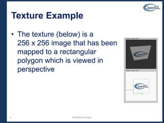 6
Texture Example
• The texture (below) is a
256 x 256 image that has been
mapped to a rectangular
polygon which is viewed in
perspective
Budditha Hettige
 