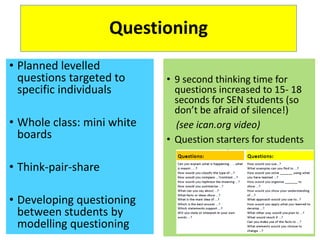 Questioning
• Planned levelled
questions targeted to
specific individuals
• Whole class: mini white
boards
• Think-pair-share
• Developing questioning
between students by
modelling questioning
• 9 second thinking time for
questions increased to 15- 18
seconds for SEN students (so
don’t be afraid of silence!)
(see ican.org video)
• Question starters for students
 