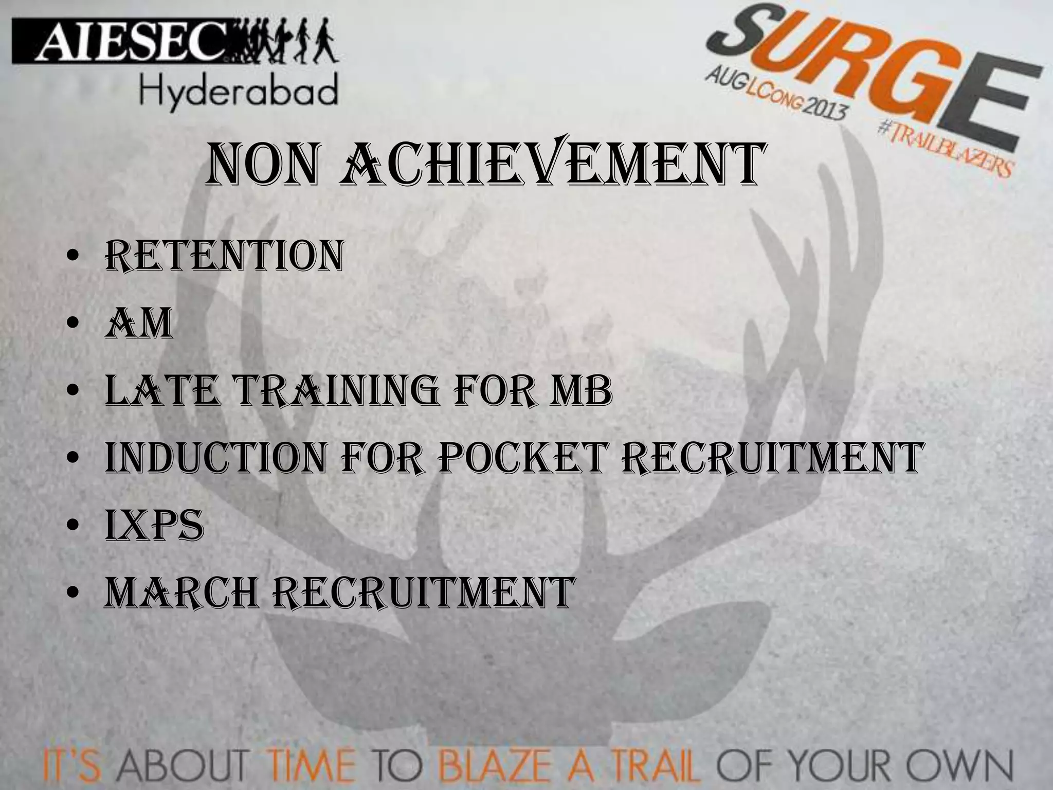 NON ACHIEVEMENT
• Retention
• AM
• Late training for MB
• Induction for pocket recruitment
• iXPs
• March recruitment