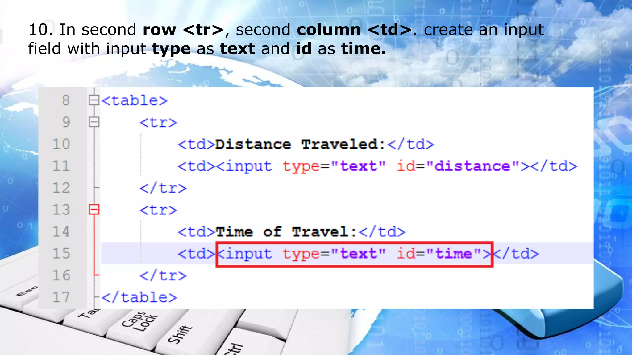 10. In second row <tr>, second column <td>. create an input field with input type as text and id as time.