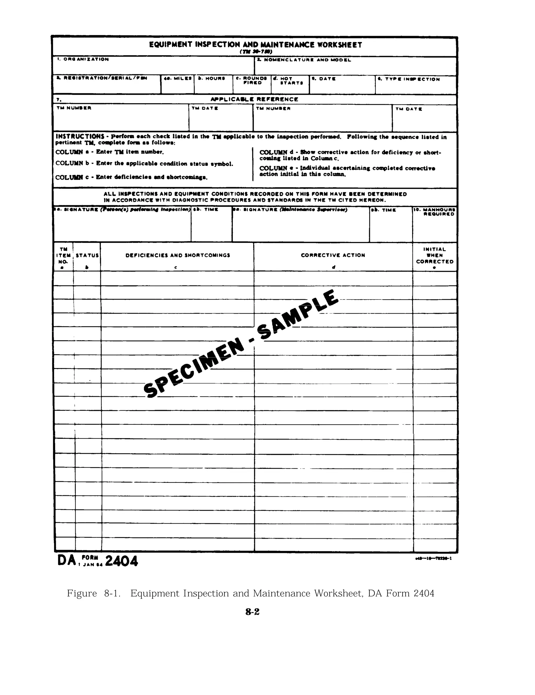 Figure 8-1. Equipment Inspection and Maintenance Worksheet, DA Form 2404
8-2
 