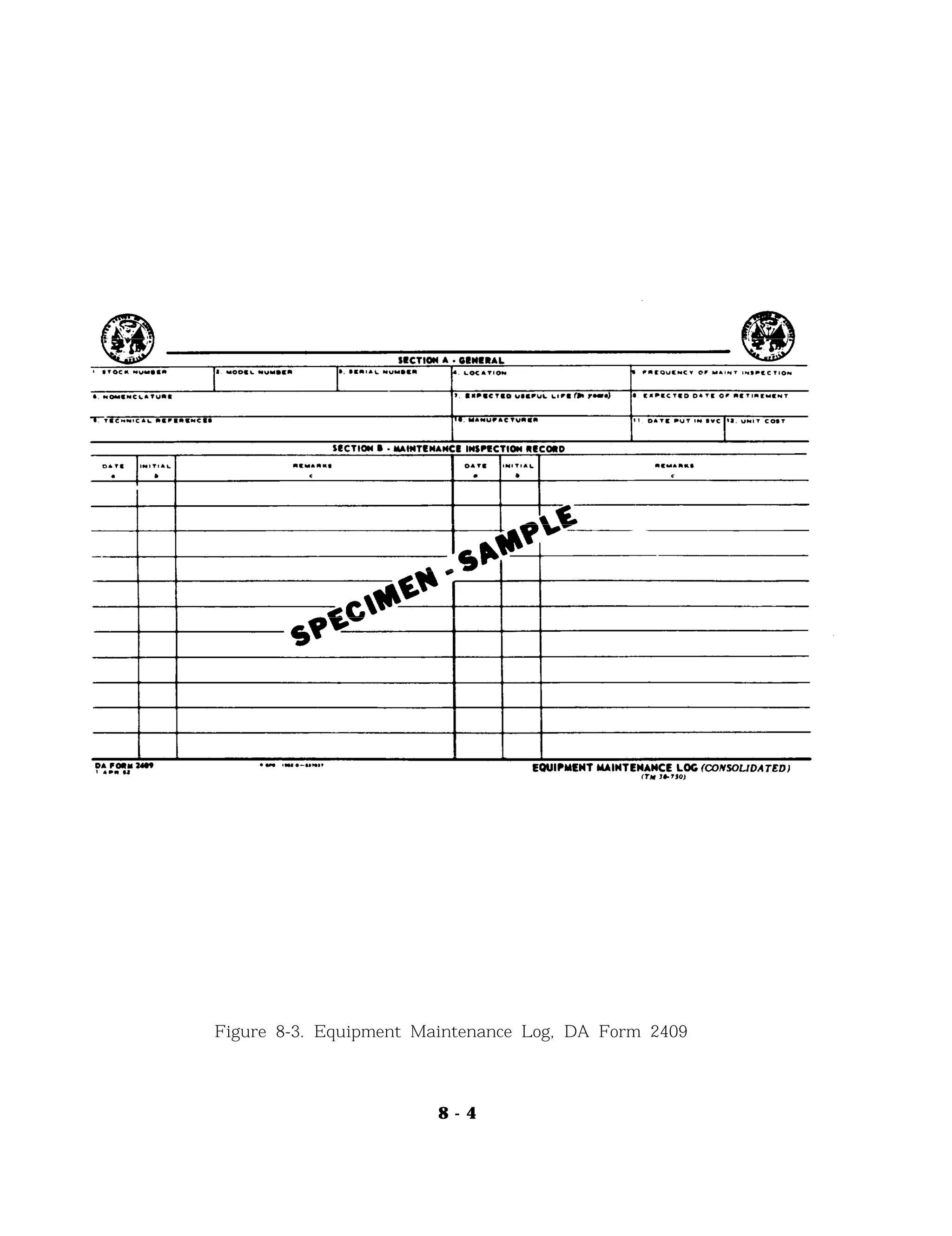 Figure 8-3. Equipment Maintenance Log, DA Form 2409
8 - 4
 
