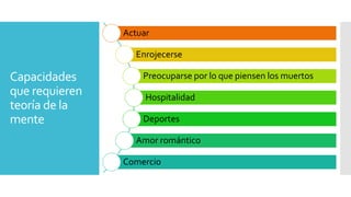 Capacidades
que requieren
teoría de la
mente
Actuar
Enrojecerse
Preocuparse por lo que piensen los muertos
Hospitalidad
Deportes
Amor romántico
Comercio
 