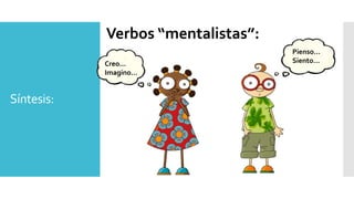Síntesis:
Verbos “mentalistas”:
Creo…
Imagino…
Pienso…
Siento…
 