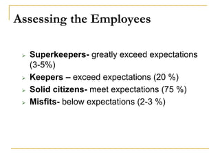 Assessing the Employees
 Superkeepers- greatly exceed expectations
(3-5%)
 Keepers – exceed expectations (20 %)
 Solid citizens- meet expectations (75 %)
 Misfits- below expectations (2-3 %)
 
