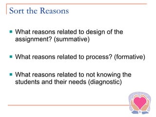 Sort the Reasons <ul><li>What reasons related to design of the assignment? (summative) </li></ul><ul><li>What reasons rela...