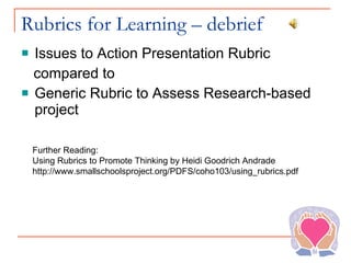 Rubrics for Learning – debrief <ul><li>Issues to Action Presentation Rubric </li></ul><ul><li>compared to  </li></ul><ul><...