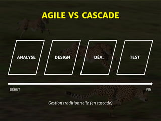 AGILE VS CASCADE 
ANALYSE DESIGN DÉV. TEST 
DÉBUT FIN 
Gestion traditionnelle (en cascade) 
 