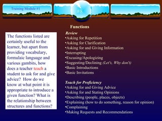   Review Asking for Repetition Asking for Clarification Asking for and Giving Information Interrupting Excusing/Apologizing Suggesting/Declining  (Let's,   Why   don't) Basic Introductions Basic Invitations Teach   for   Proficiency Asking for and Giving Advice Asking for and Stating Opinions Describing (people, places, objects) Explaining (how to do something, reason for opinion) Complaining Making Requests and Recommendations Functions #8 Training Module #1 The functions listed are certainly useful to the learner, but apart from providing vocabulary, formulaic language and various gambits, how does a teacher  teach  a student to ask for and give advice?  How do we know at what point it is appropriate to introduce a given function? What is the relationship between structures and functions?   