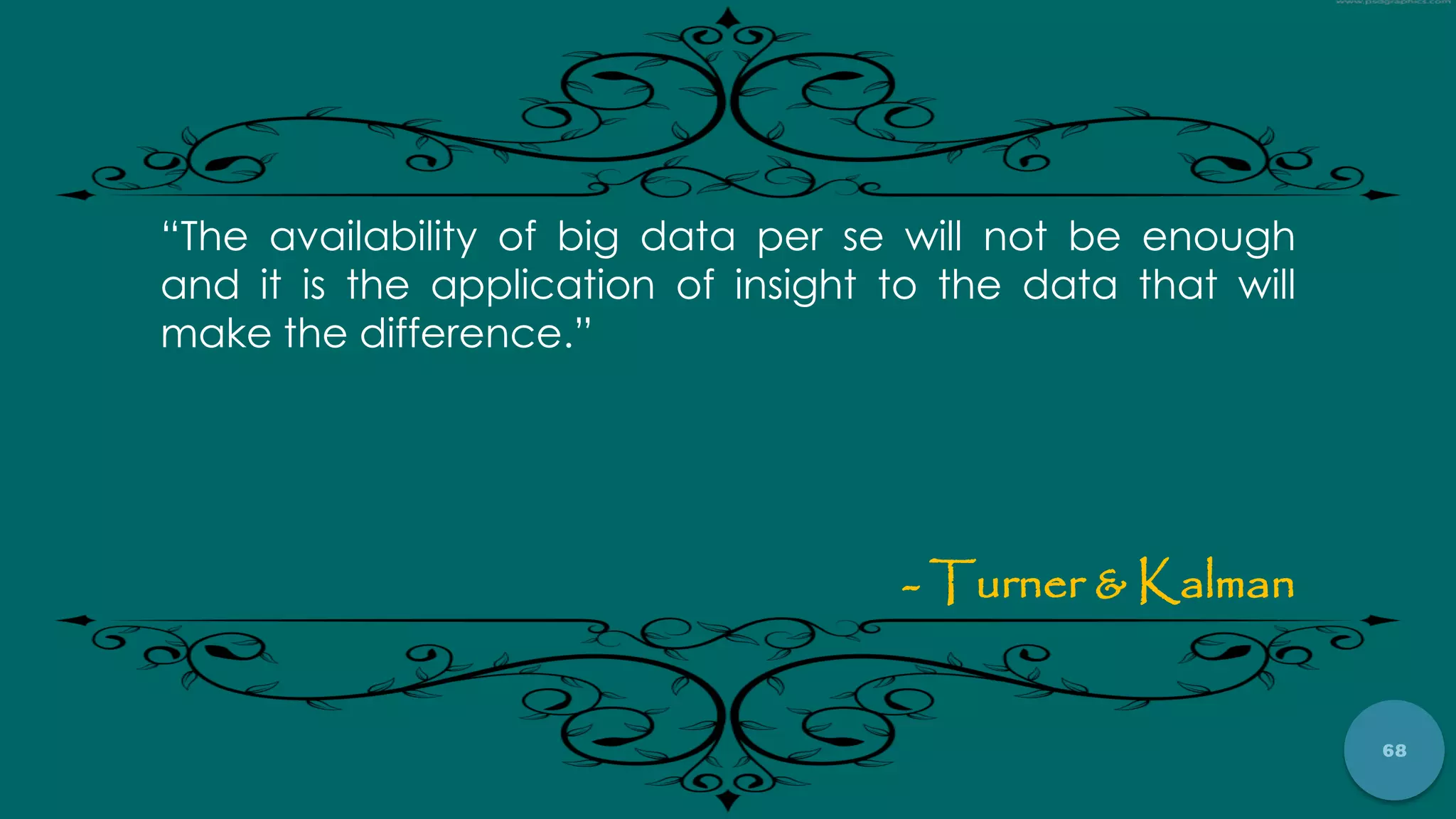 68
“The availability of big data per se will not be enough
and it is the application of insight to the data that will
make the difference.”
- Turner & Kalman
 