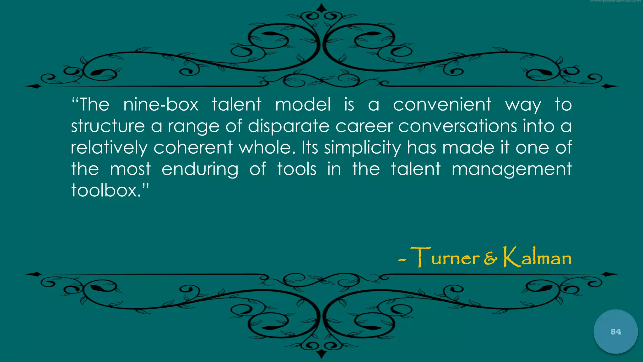 84
“The nine‐box talent model is a convenient way to
structure a range of disparate career conversations into a
relatively coherent whole. Its simplicity has made it one of
the most enduring of tools in the talent management
toolbox.”
- Turner & Kalman
 