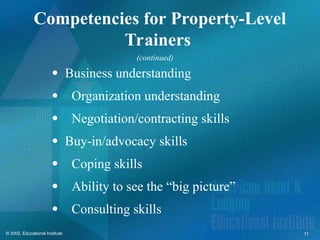11
© 2002, Educational Institute
(continued)
Competencies for Property-Level
Trainers
 Business understanding
Organization understanding
Negotiation/contracting skills
 Buy-in/advocacy skills
Coping skills
Ability to see the “big picture”
Consulting skills
 