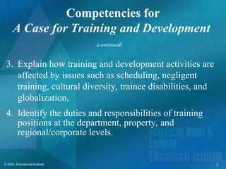 3
© 2002, Educational Institute
(continued)
Competencies for
A Case for Training and Development
3. Explain how training and development activities are
affected by issues such as scheduling, negligent
training, cultural diversity, trainee disabilities, and
globalization.
4. Identify the duties and responsibilities of training
positions at the department, property, and
regional/corporate levels.
 