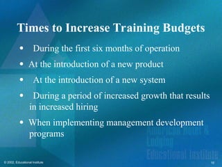 10
© 2002, Educational Institute
Times to Increase Training Budgets
During the first six months of operation
 At the introduction of a new product
At the introduction of a new system
During a period of increased growth that results
in increased hiring
 When implementing management development
programs
 