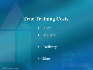 14
© 2002, Educational Institute
True Training Costs
 Labor
Material
s
Delivery
 Other
 