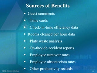 18
© 2002, Educational Institute
Sources of Benefits
 Guest comments
Time cards
Check-in-time efficiency data
 Rooms cleaned per hour data
Plate waste analysis
On-the-job accident reports
Employee turnover rates
Employee absenteeism rates
Other productivity records
 