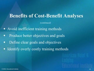 23
© 2002, Educational Institute
Benefits of Cost-Benefit Analyses
 Avoid inefficient training methods
Produce better objectives and goals
Define clear goals and objectives
 Identify overly costly training methods
(continued)
 