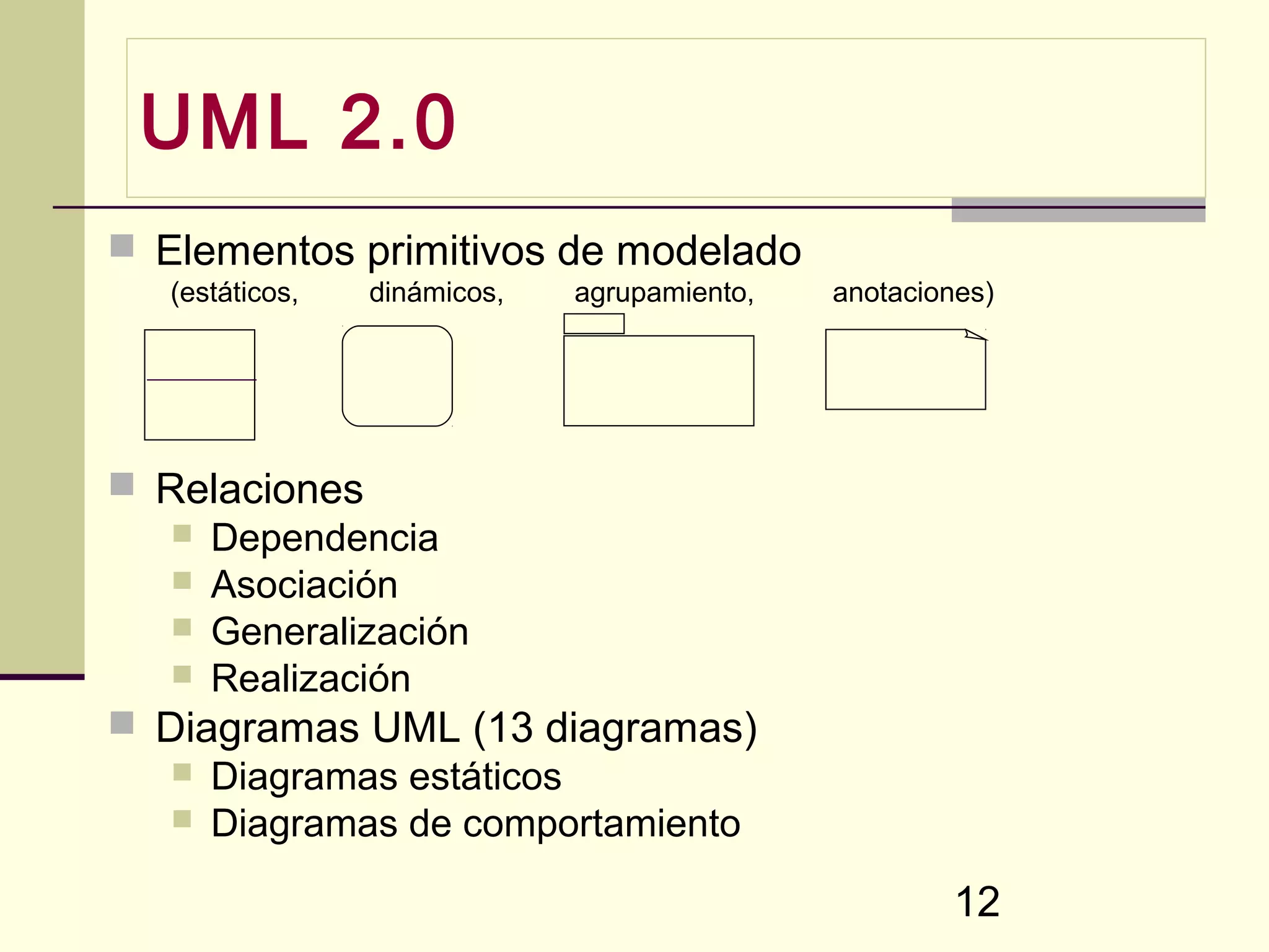 UML 2.0
 Elementos primitivos de modelado
   (estáticos,   dinámicos,   agrupamiento,   anotaciones)




 Relaciones
    Dependencia
    Asociación
    Generalización
    Realización
 Diagramas UML (13 diagramas)
    Diagramas estáticos
    Diagramas de comportamiento

                                                      12
 
