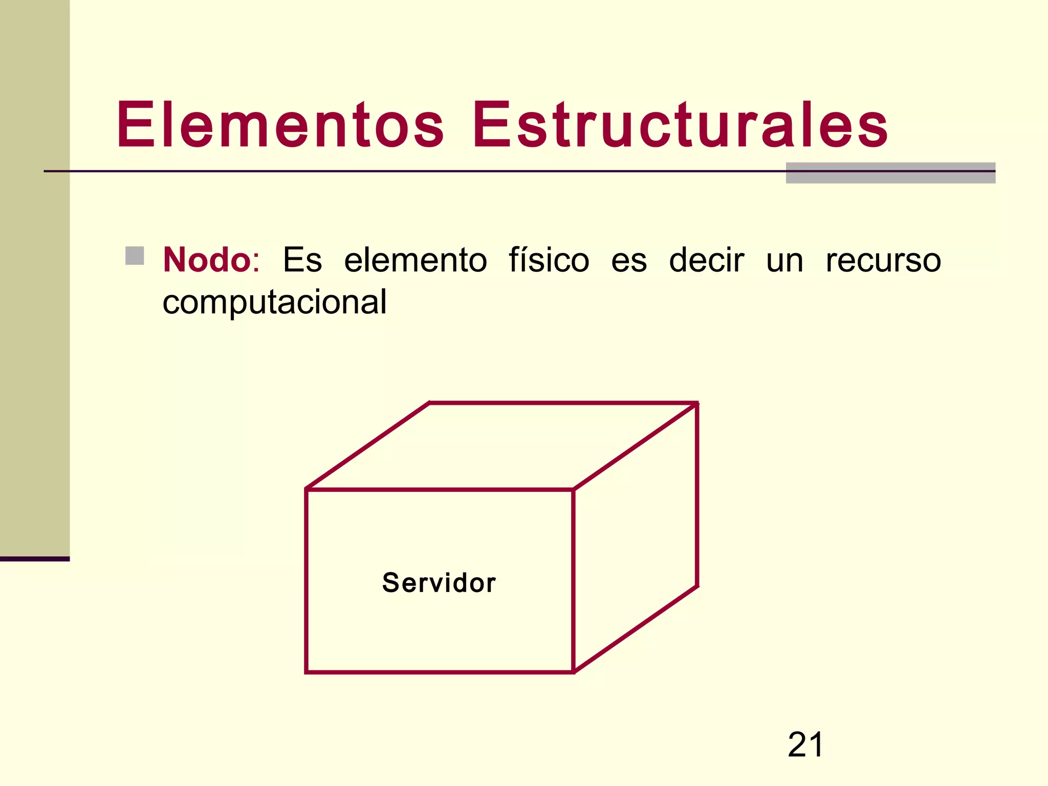 Elementos Estructurales
 Nodo: Es elemento físico es decir un recurso
  computacional




              Servidor




                                     21
 