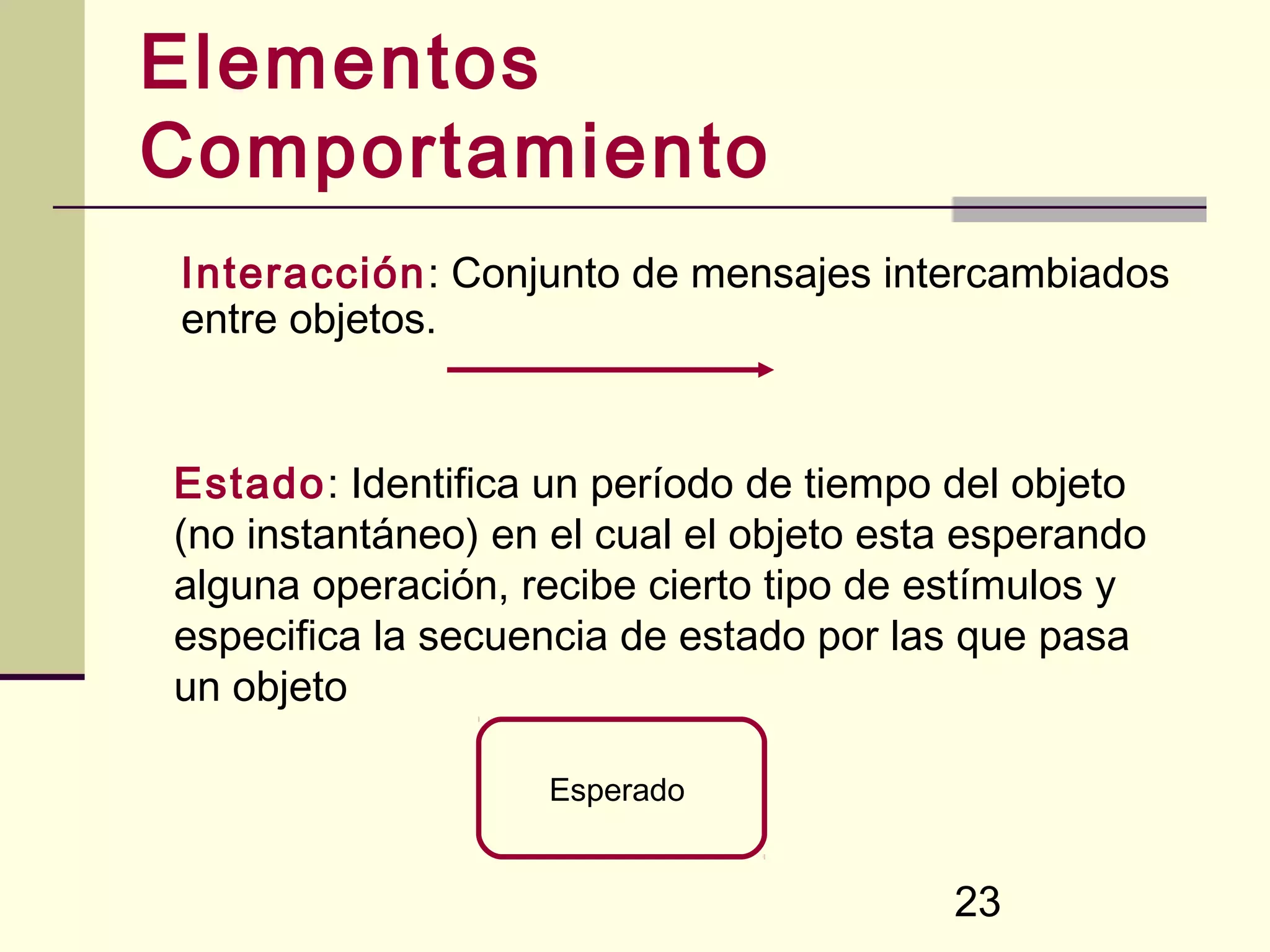 Elementos
Comportamiento
Interacción: Conjunto de mensajes intercambiados
entre objetos.


Estado: Identifica un período de tiempo del objeto
(no instantáneo) en el cual el objeto esta esperando
alguna operación, recibe cierto tipo de estímulos y
especifica la secuencia de estado por las que pasa
un objeto

                    Esperado


                                         23
 