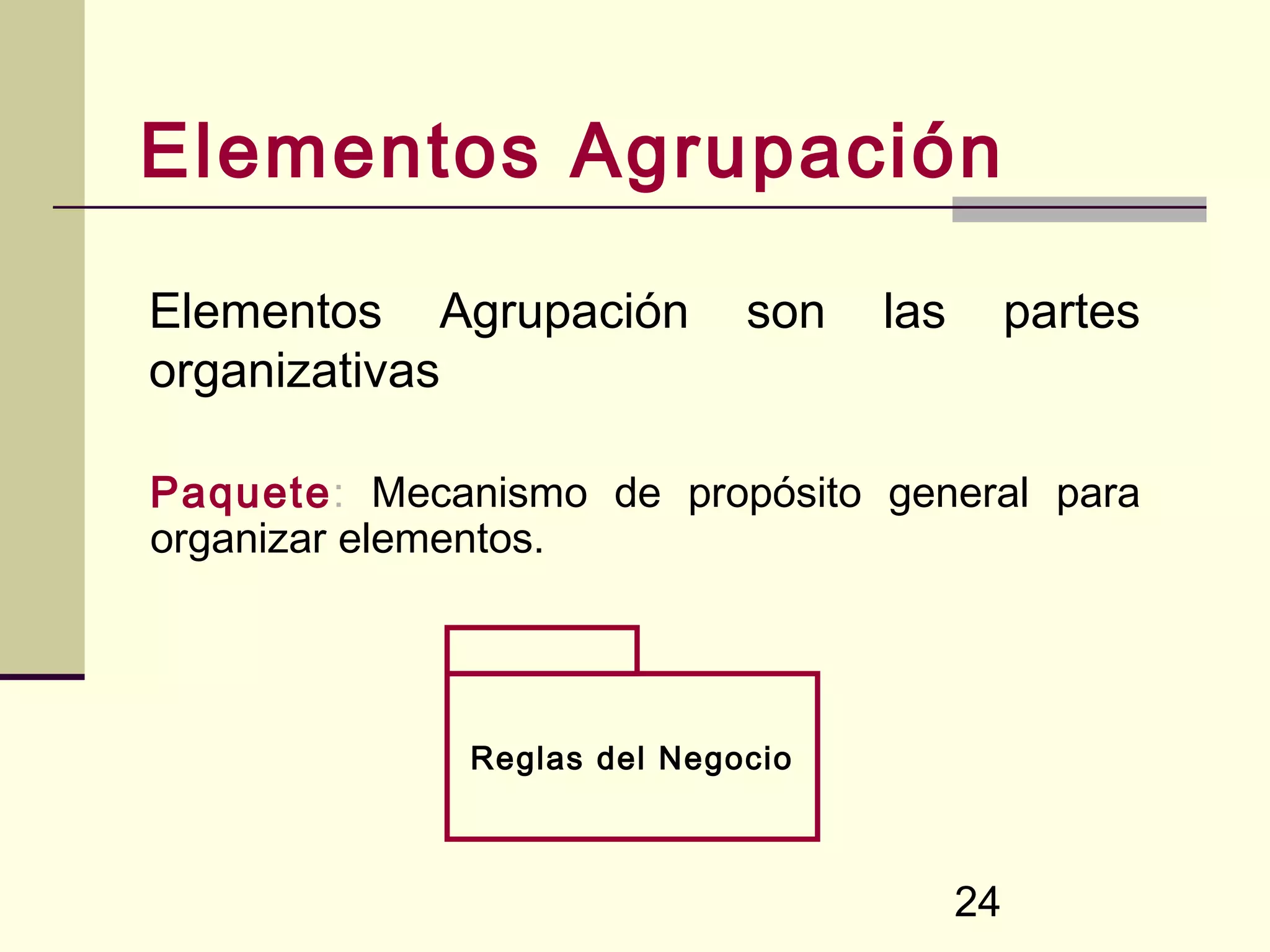 Elementos Agrupación

Elementos Agrupación         son   las        partes
organizativas

Paquete: Mecanismo de propósito general para
organizar elementos.




              Reglas del Negocio



                                         24
 