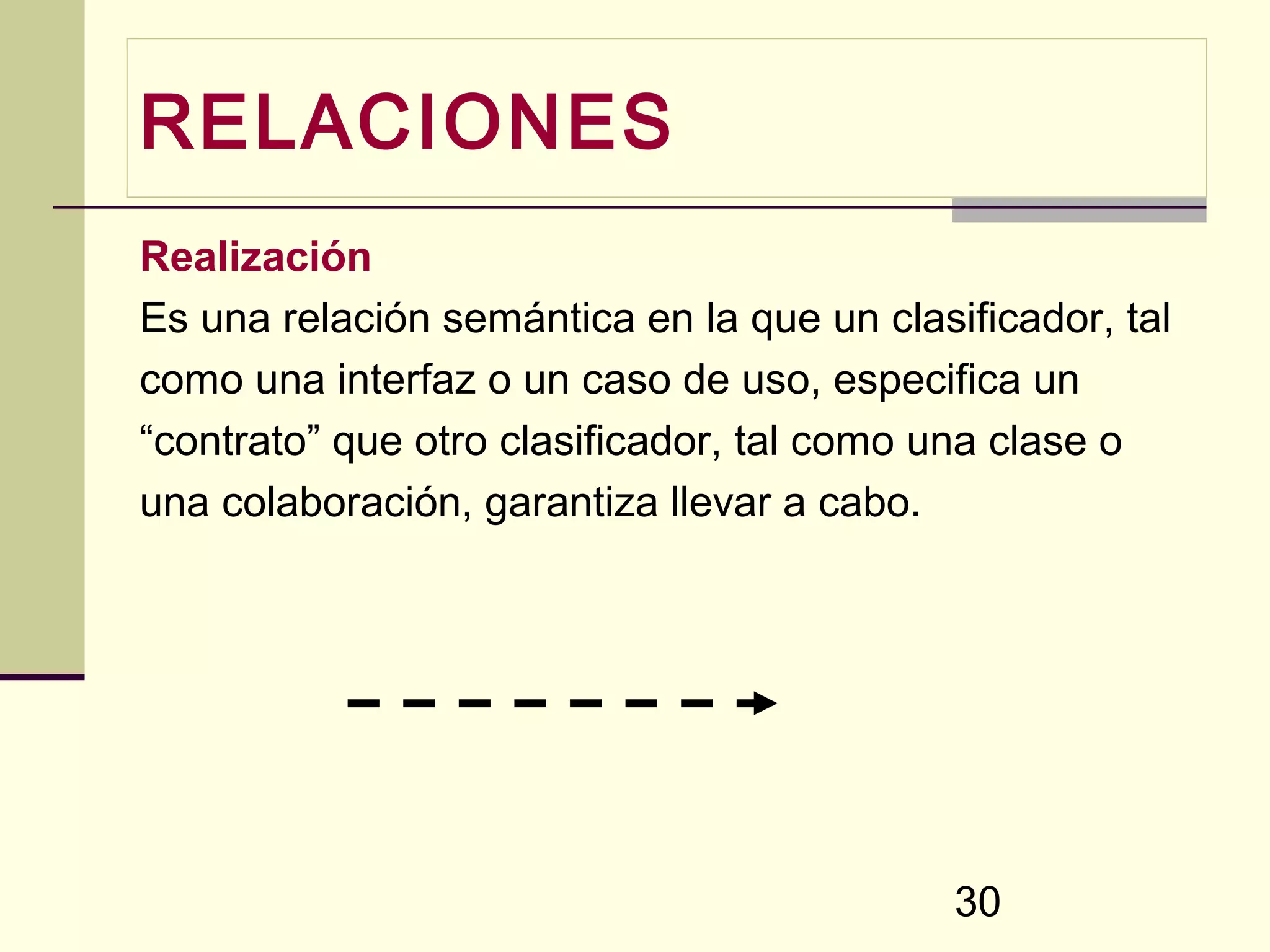 RELACIONES
Realización
Es una relación semántica en la que un clasificador, tal
como una interfaz o un caso de uso, especifica un
“contrato” que otro clasificador, tal como una clase o
una colaboración, garantiza llevar a cabo.




                                            30
 