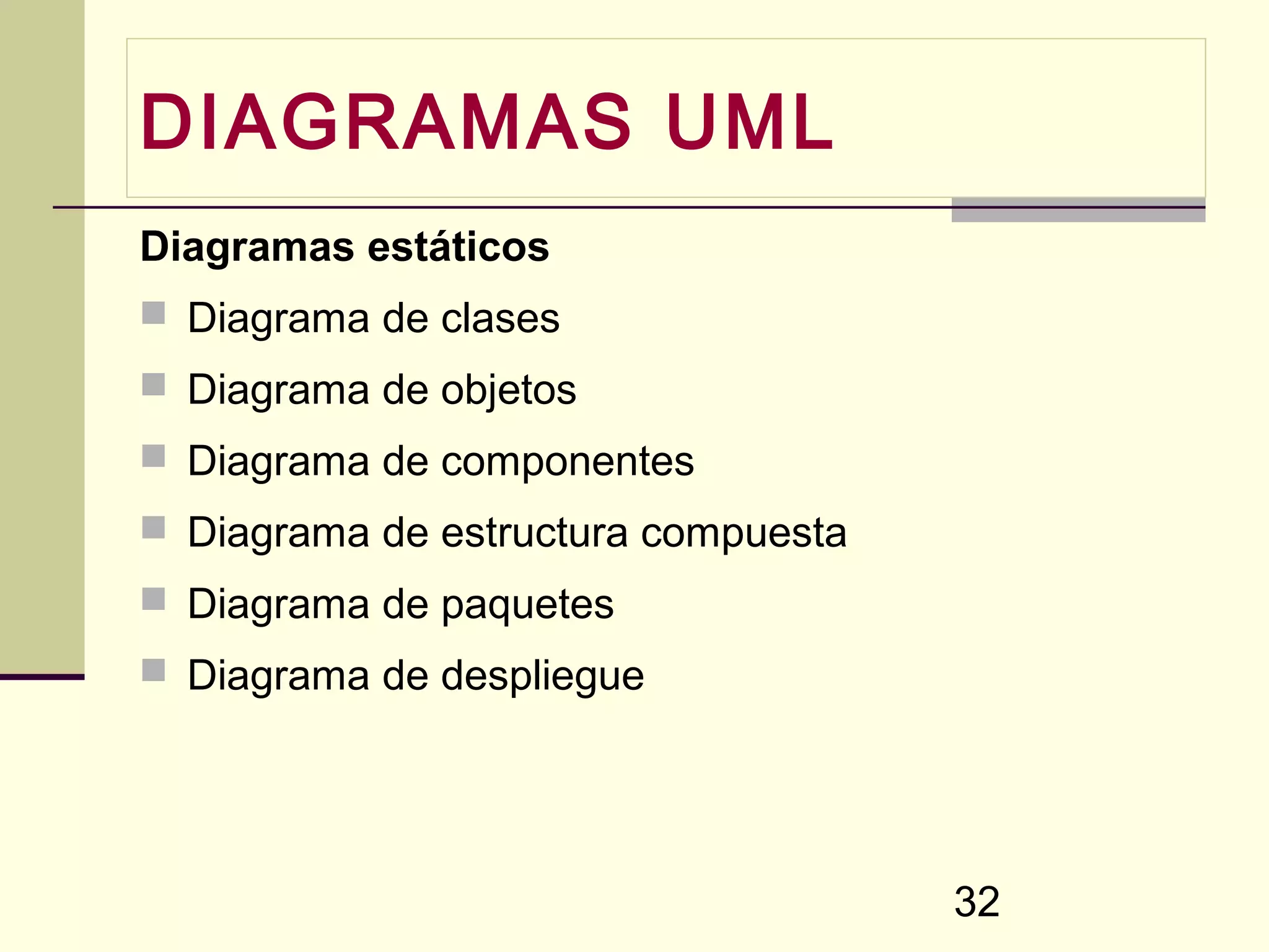 DIAGRAMAS UML
Diagramas estáticos
 Diagrama de clases
 Diagrama de objetos
 Diagrama de componentes
 Diagrama de estructura compuesta
 Diagrama de paquetes
 Diagrama de despliegue




                                     32
 
