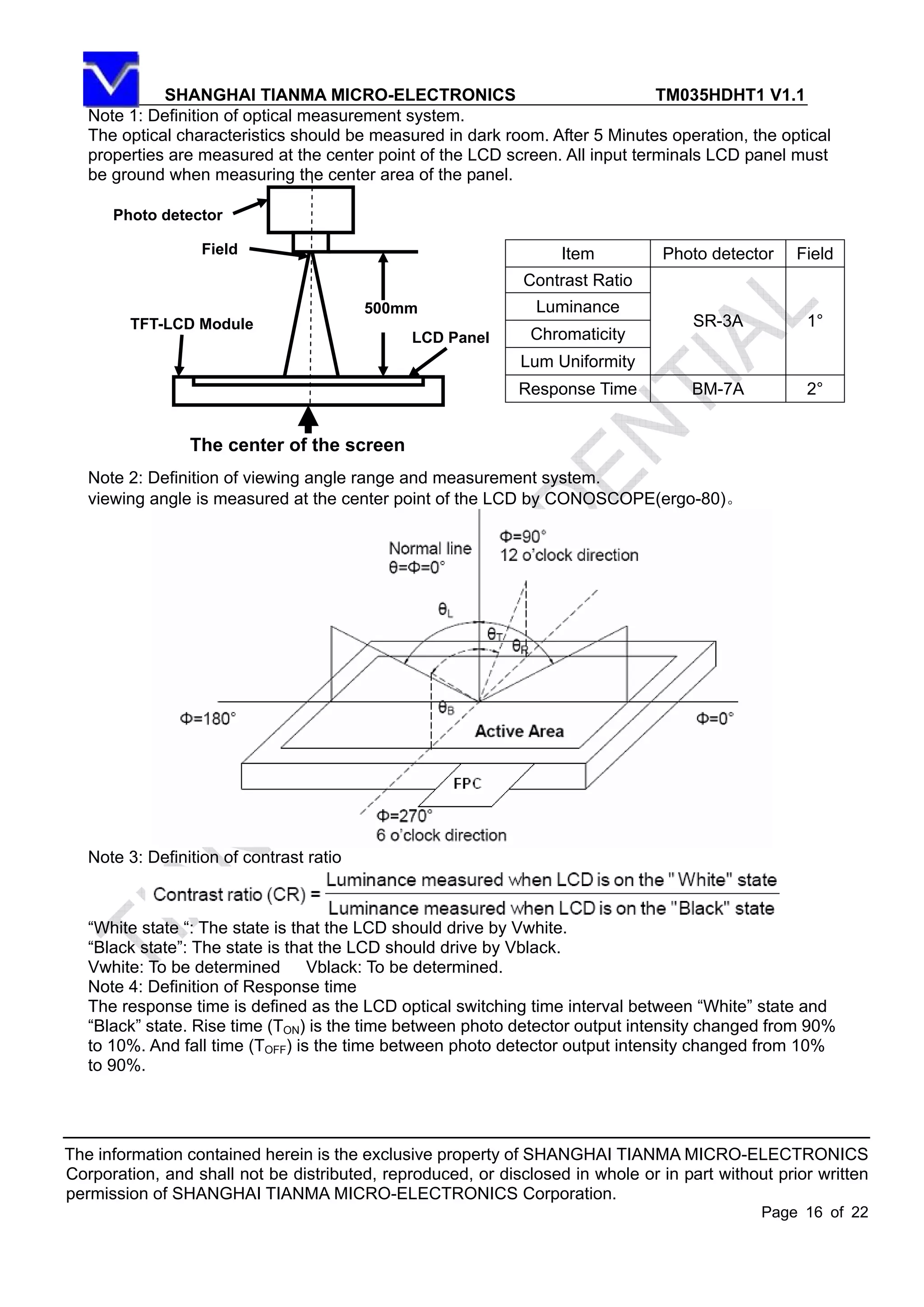 SHANGHAI TIANMA MICRO-ELECTRONICS TM035HDHT1 V1.1
The information contained herein is the exclusive property of SHANGHAI TIANMA MICRO-ELECTRONICS
Corporation, and shall not be distributed, reproduced, or disclosed in whole or in part without prior written
permission of SHANGHAI TIANMA MICRO-ELECTRONICS Corporation.
Page 16 of 22
Note 1: Definition of optical measurement system.
The optical characteristics should be measured in dark room. After 5 Minutes operation, the optical
properties are measured at the center point of the LCD screen. All input terminals LCD panel must
be ground when measuring the center area of the panel.
Note 2: Definition of viewing angle range and measurement system.
viewing angle is measured at the center point of the LCD by CONOSCOPE(ergo-80)。
Note 3: Definition of contrast ratio
“White state “: The state is that the LCD should drive by Vwhite.
“Black state”: The state is that the LCD should drive by Vblack.
Vwhite: To be determined Vblack: To be determined.
Note 4: Definition of Response time
The response time is defined as the LCD optical switching time interval between “White” state and
“Black” state. Rise time (TON) is the time between photo detector output intensity changed from 90%
to 10%. And fall time (TOFF) is the time between photo detector output intensity changed from 10%
to 90%.
Item Photo detector Field
Contrast Ratio
Luminance
Chromaticity
Lum Uniformity
SR-3A 1°
Response Time BM-7A 2°
500mm
Photo detector
Field
LCD Panel
TFT-LCD Module
The center of the screen
 